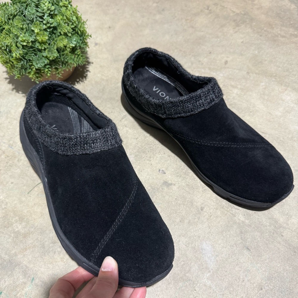Vionic Black Suede Slip-On Mules with Knit Collar